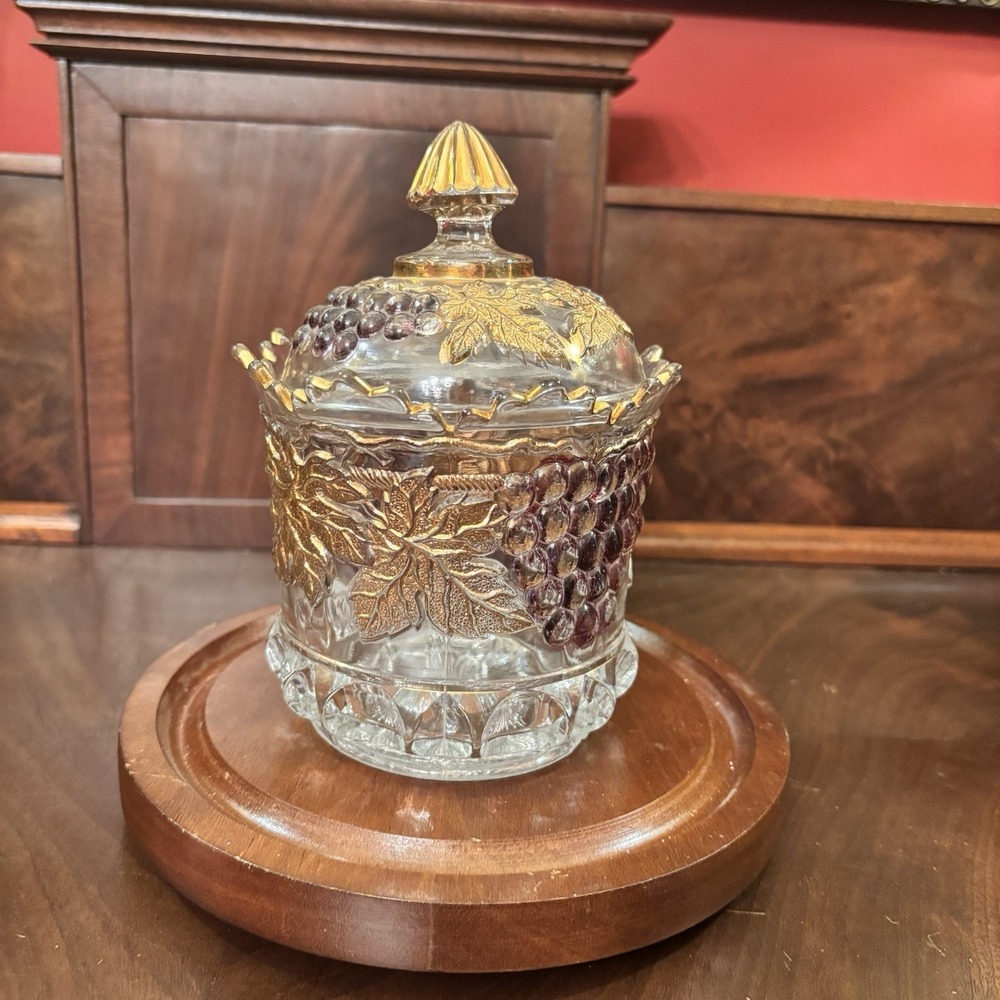 Vintage Mosser Glass Grape Covered Sugar Bowl Purple Grapes Gold Trim Candy Dish